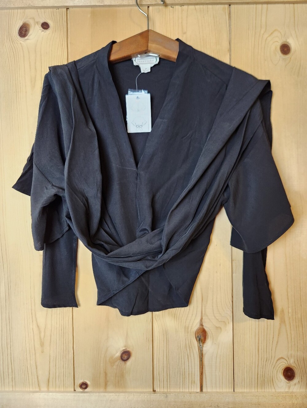 Loveriche Black Twisted Wrap Deep V-Neck Short Trumpet Sleeve Blouse NWT